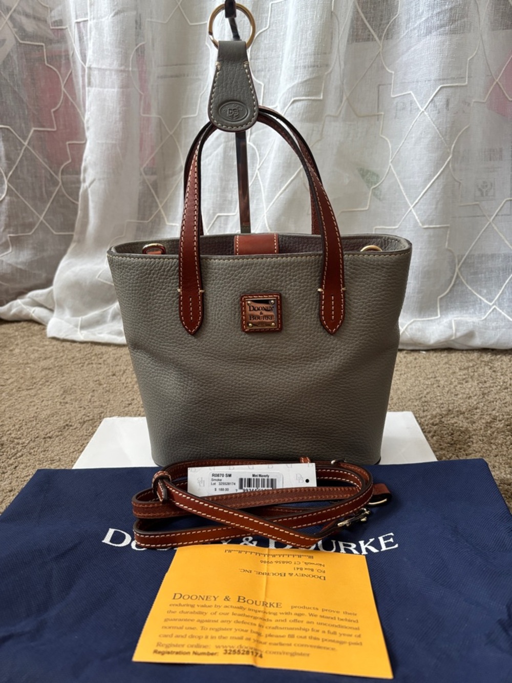 Dooney & Bourke Gray Mini Waverly Tote with Tan Trim & Matching Key Ring